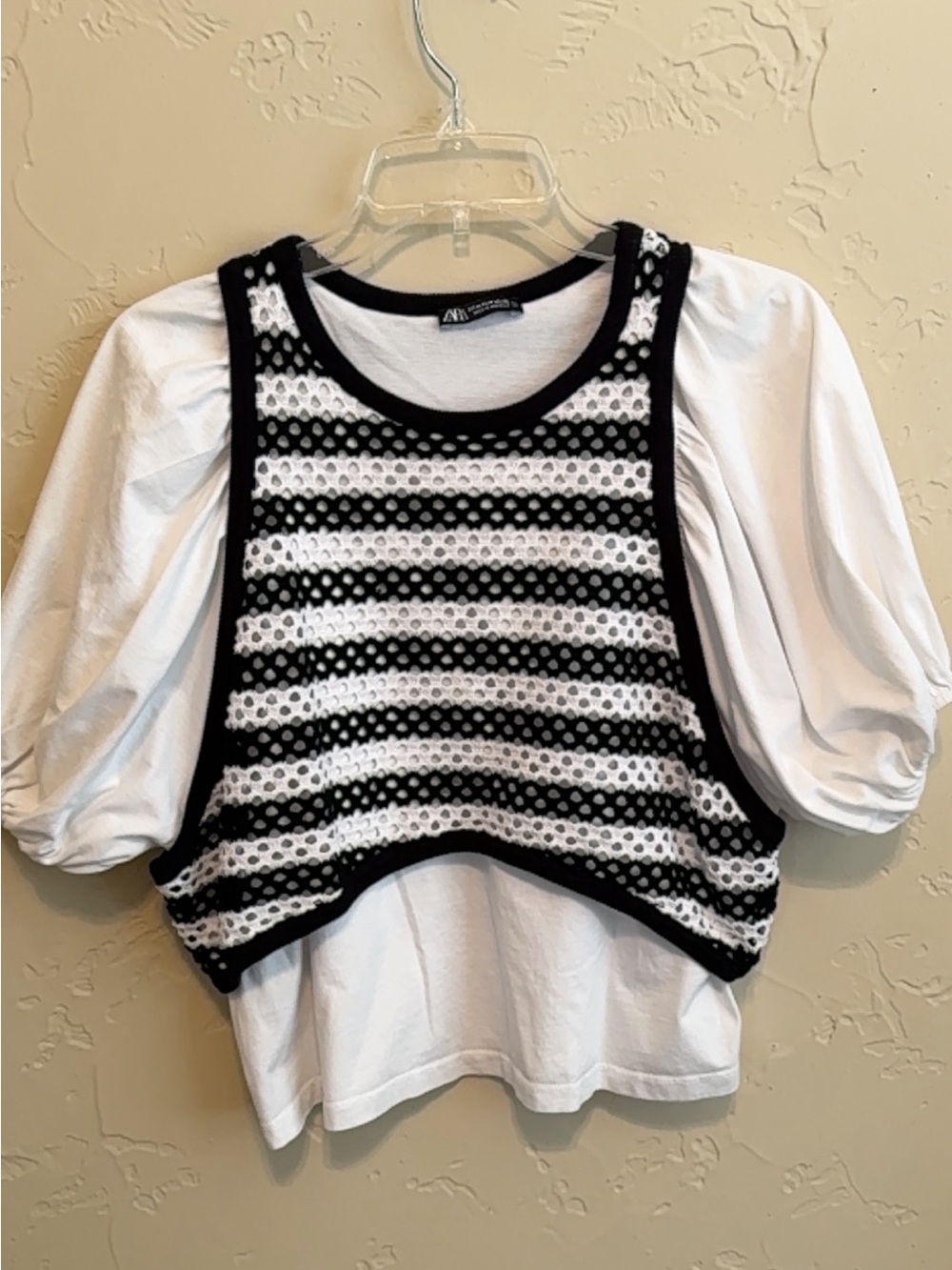 Zara Black and White Layered Crochet-Trim Puff Sleeve Top